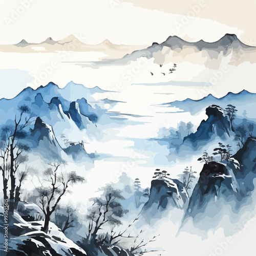 Landscape with blue mountains. Traditional oriental ink painting