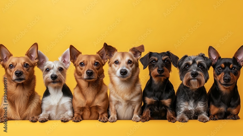 A row of dogs in various breeds, each one looking directly at the camera against an isolated yellow background A row of dogs in various breeds, each one looking directly at the camera against an isolated yellow background