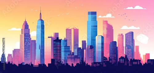 Vibrant city skyline silhouette at sunset with colorful gradients in the sky.