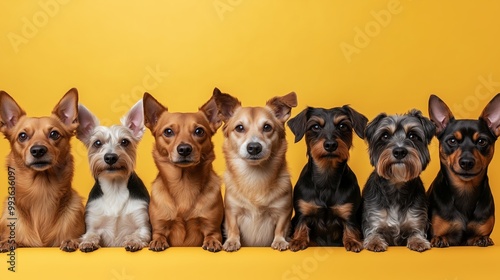 A row of dogs in various breeds, each one looking directly at the camera against an isolated yellow background photo