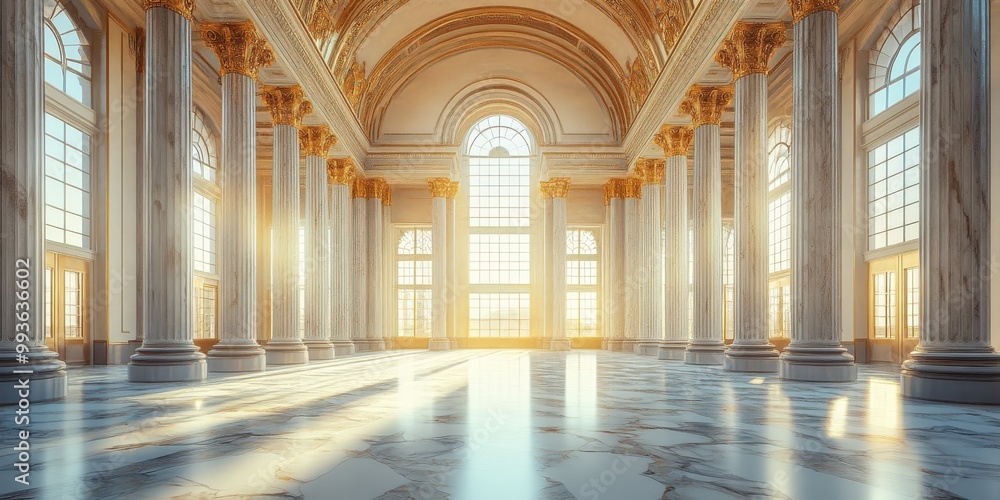 Fototapeta premium Spacious marble hall with towering columns, arched ceilings, and streaming sunlight