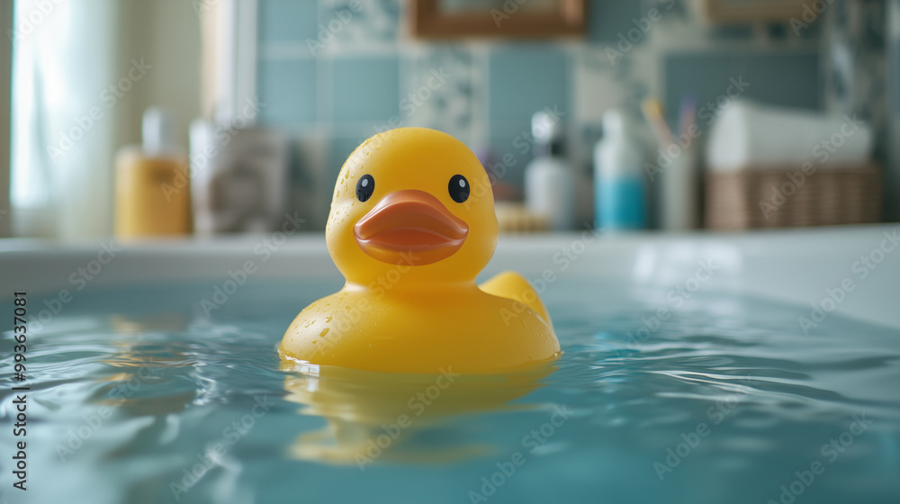 A yellow rubber duck floating in the bathtub, with its head pointing towards the camera A yellow rubber duck floating in the bathtub, with its head pointing towards the camera