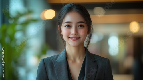 A young and pretty Indonesian woman wearing a suit is smiling at the camera