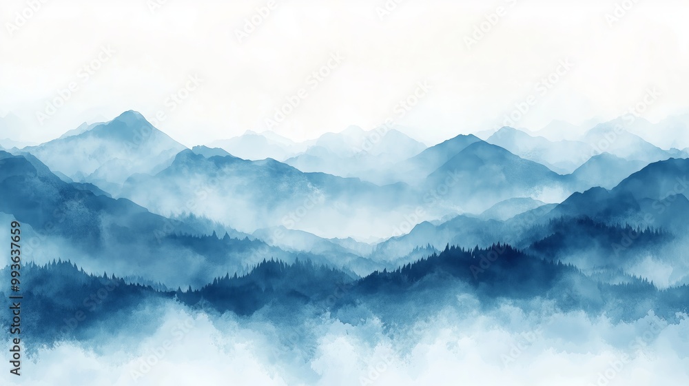 Fototapeta premium Abstract blue watercolor background with white space for text or design, soft brushstrokes create an impression of misty mountains,