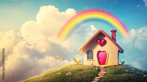 A charming little house with a heart-shaped door and roof sits on a grassy hill under a rainbow, symbolizing love and hope. photo