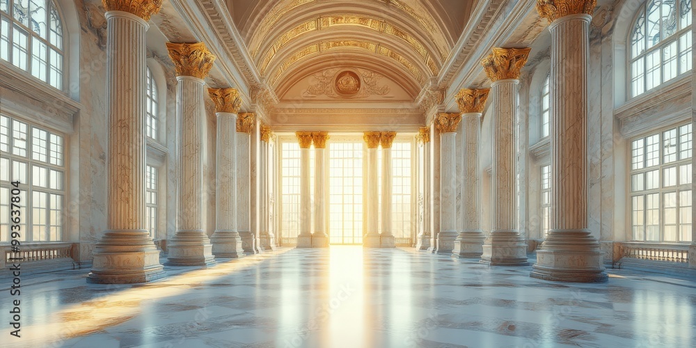 Fototapeta premium Spacious marble hall with towering columns, arched ceilings, and streaming sunlight