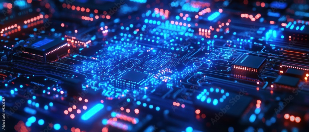 A close-up view of a circuit board illuminated with blue and orange lights. A close-up view of a circuit board illuminated with blue and orange lights.