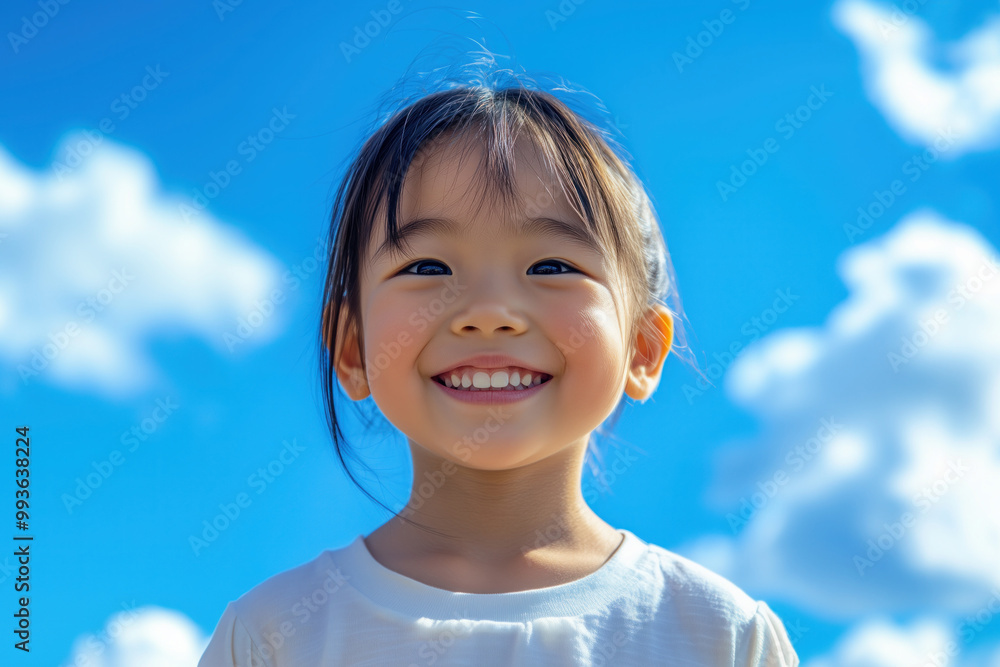 Smiling asian kid girl against bright blue sky on the background. Summer vacation concept photo. Smiling asian kid girl against bright blue sky on the background. Summer vacation concept photo.