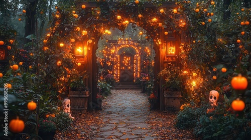 Enchanted Halloween Garden with Lighted Pumpkins