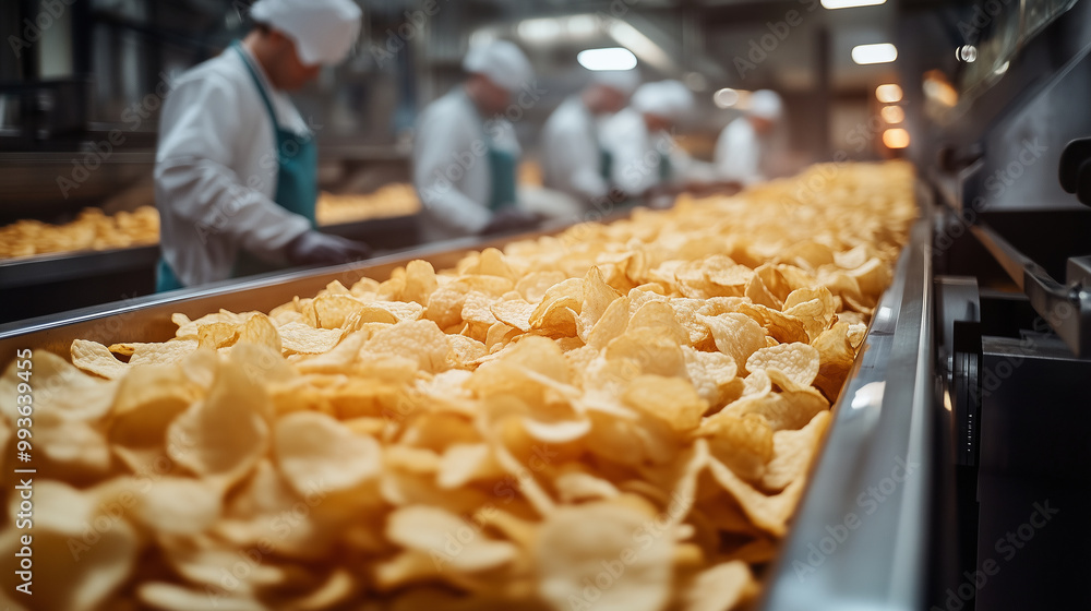 A photograph of a food production line with many potato chips on the conveyor belt, workers in the background working, shot from a side-angle perspective. The image was captured us A photograph of a food production line with many potato chips on the conveyor belt, workers in the background working, shot from a side-angle perspective. The image was captured us