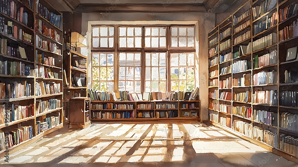 A sunlit library filled with books and large windows glows warmly in delicate watercolor tones. A sunlit library filled with books and large windows glows warmly in delicate watercolor tones.
