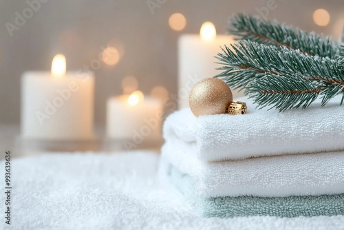 Fresh white towels with fir branch, candles and Christmas decorations. Wellness and wellbeing. SPA massage or beauty salon, relaxation and self care in Christmas or New Year variant. Copy space.