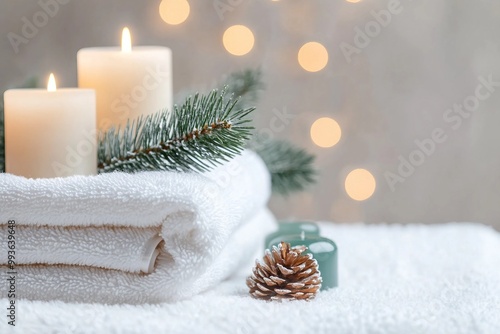 Fresh white towels with fir branch, candles and Christmas decorations. Wellness and wellbeing. SPA massage or beauty salon, relaxation and self care in Christmas or New Year variant. Copy space.