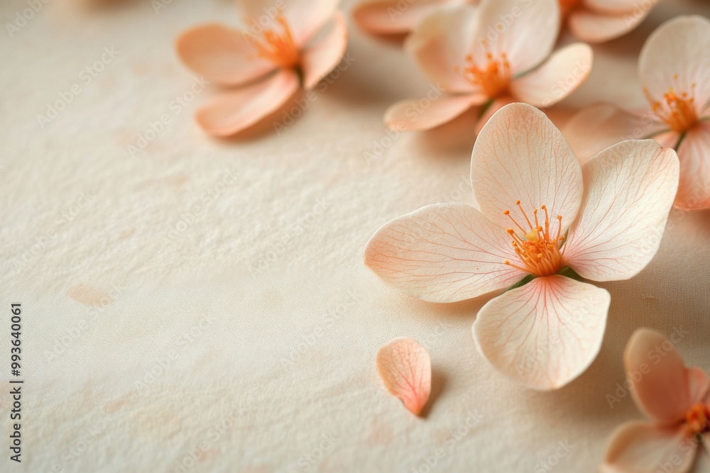 Delicate fleur d’orange blossoms scattered gracefully on a soft beige surface Delicate fleur d’orange blossoms scattered gracefully on a soft beige surface
