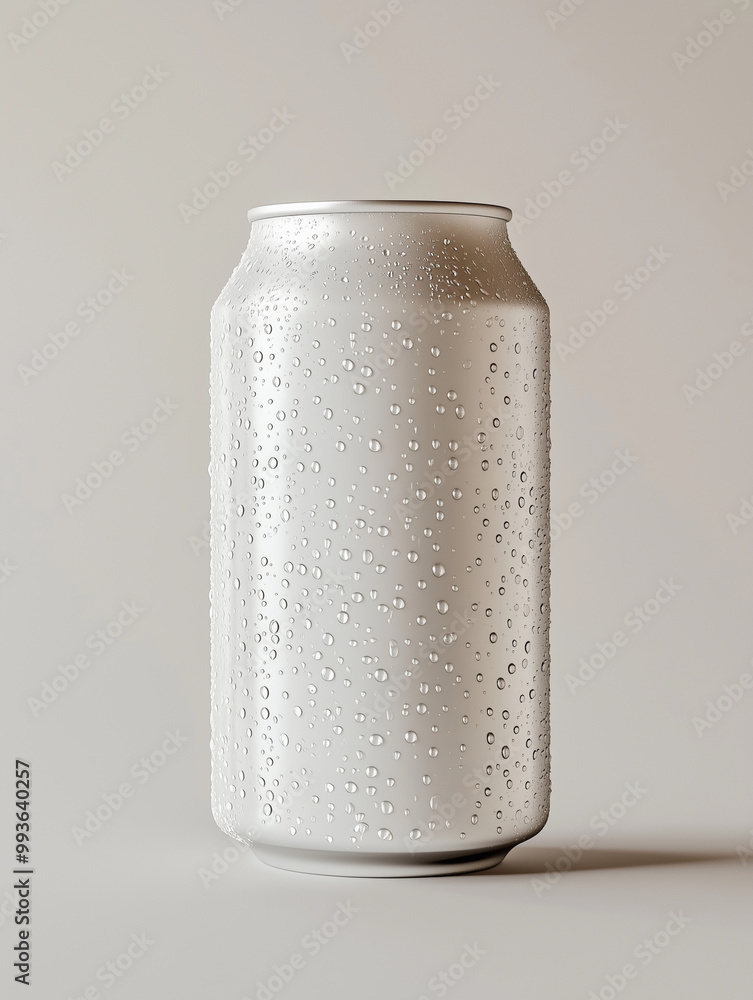 A blank white can of beer with water droplets on it, standing upright in the center of an empty light gray background. The composition is centered and symmetrical, A blank white can of beer with water droplets on it, standing upright in the center of an empty light gray background. The composition is centered and symmetrical,