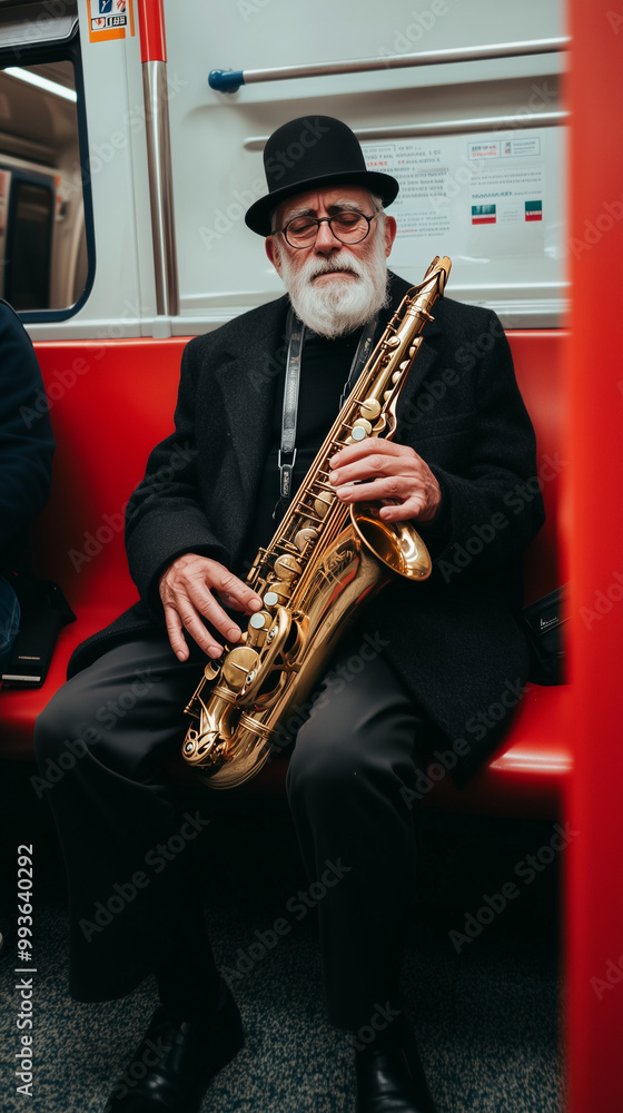 Naklejka premium full body shot of old man playing saxophone inside a train, urban photo