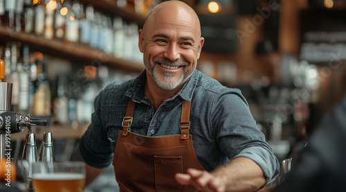 A photo of an attractive bald man with stubble and a grey beard wearing jeans, a button-up shirt, and an apron, sitting at the bar in his cocktail lounge. He is smiling while holdi photo