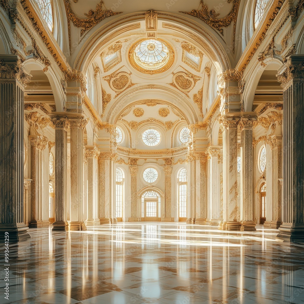 Obraz premium Spacious marble hall with towering columns, arched ceilings, and streaming sunlight