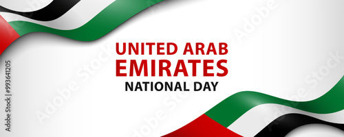 Text United Arab Emirates National Day and flags of UAE on white background, simple minimalist banner design.