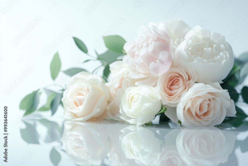 Obraz premium Minimalist wedding bouquet featuring elegant roses and soft peonies on a serene background