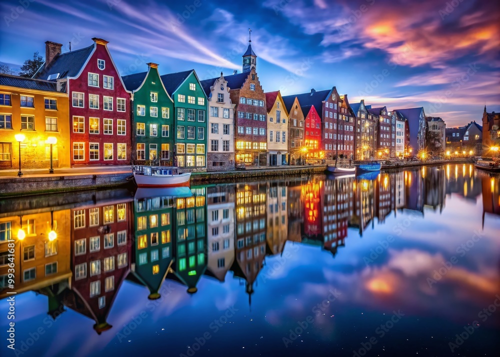 Naklejka premium Vibrant Cityscape at Night with Illuminated Buildings and Glowing Lights Reflecting in Water