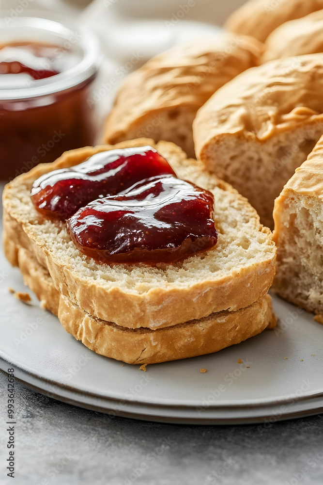 Freshly baked bread with jam on a plate
Freshly baked bread with jam on a plate