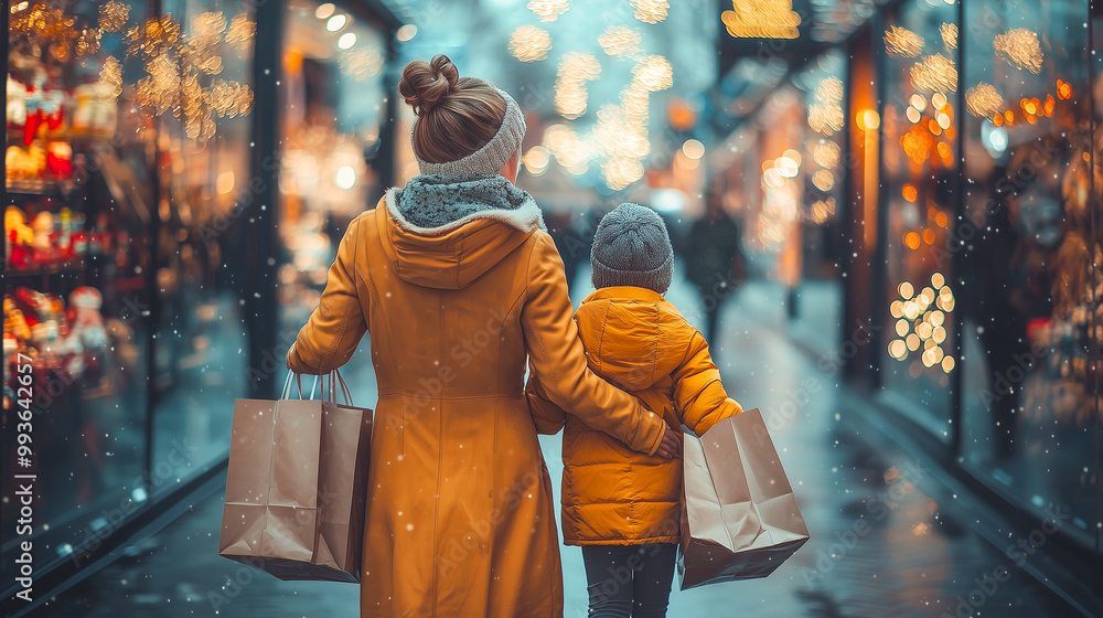 Obraz premium 商店街でショッピングする親子の後ろ姿