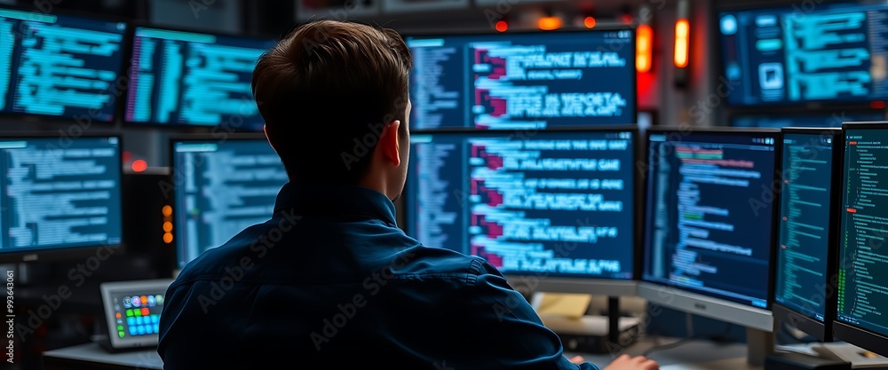 Cinematic shot of an IT worker in a dark blue shirt sitting at a desk with multiple monitors displaying code, facing away from the camera, surrounded by high-tech equipment and digital data streams.
Cinematic shot of an IT worker in a dark blue shirt sitting at a desk with multiple monitors displaying code, facing away from the camera, surrounded by high-tech equipment and digital data streams.