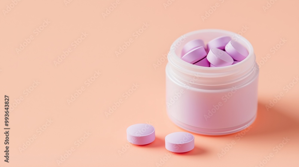 A clear container holds purple tablets placed on a soft peach background, highlighting a fresh and clean product presentation A clear container holds purple tablets placed on a soft peach background, highlighting a fresh and clean product presentation