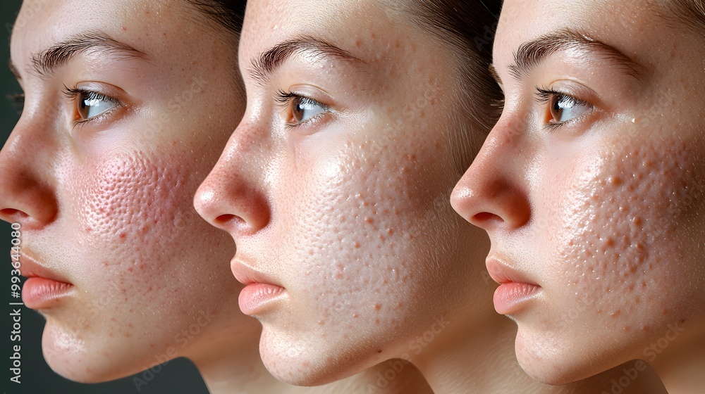 Series of close-up images of acne reduction over 3 months, neutral background, subtle lighting, medical photography, high detail in skin texture, realistic tone Series of close-up images of acne reduction over 3 months, neutral background, subtle lighting, medical photography, high detail in skin texture, realistic tone