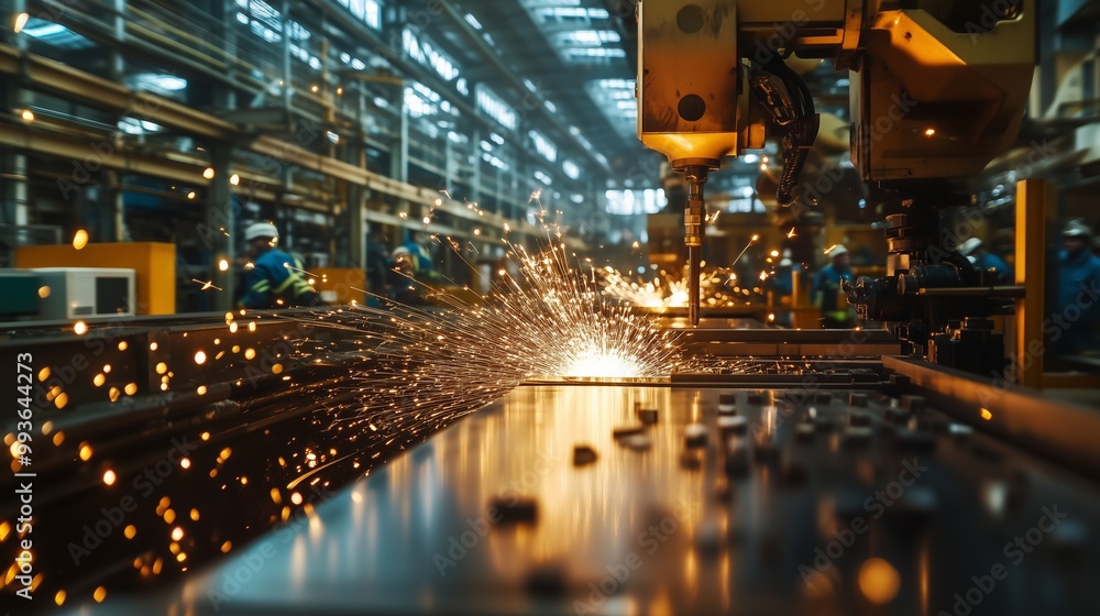 A busy metal factory buzzes with CNC machines, sparks flying as workers focus on their tasks. A busy metal factory buzzes with CNC machines, sparks flying as workers focus on their tasks.