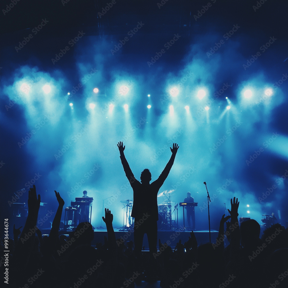 Person silhouetted with hands raised in the air, standing on a concert stage with a band playing in the background, a crowd cheering, a dark blue and white color palette, concert l Person silhouetted with hands raised in the air, standing on a concert stage with a band playing in the background, a crowd cheering, a dark blue and white color palette, concert l