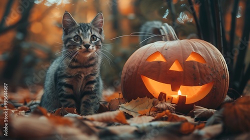 Jack o lantern for autumn and a beautiful kitty costumed as a trickster photo