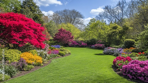 Vibrant garden landscape with blooming flowers and lush greenery under a clear sky.