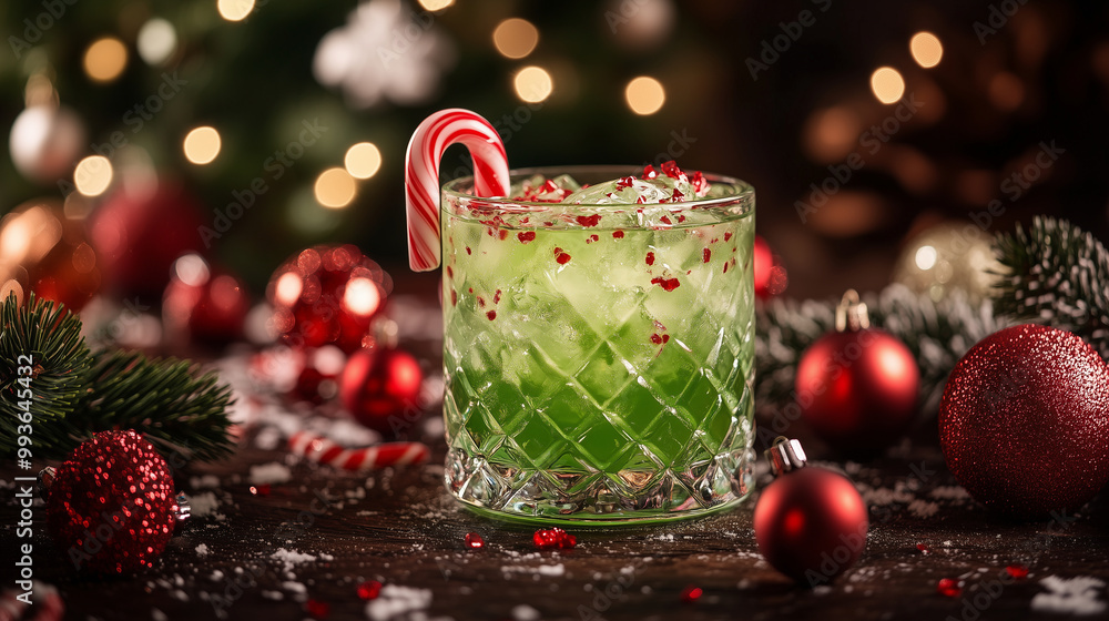 Candy Cane green Christmas cocktail in a glass, surrounded by red and white ornaments, with a Christmas tree in the background. Candy Cane green Christmas cocktail in a glass, surrounded by red and white ornaments, with a Christmas tree in the background.