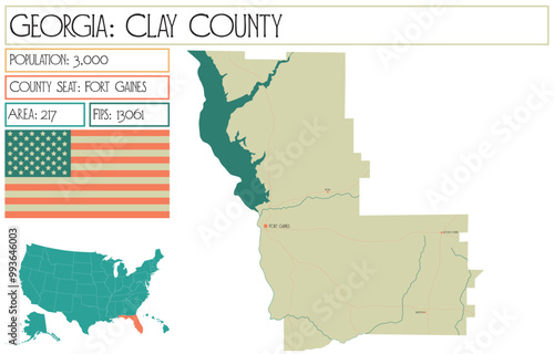 Large and detailed map of Clay County in Georgia USA.