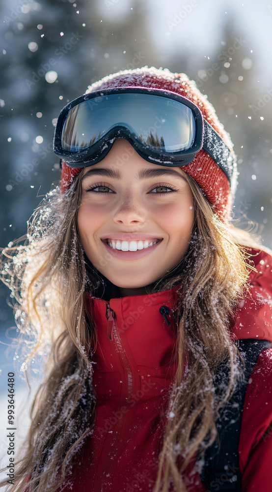 Portrait of a beautiful young woman wearing ski goggles and a red jacket, smiling on a sunny, snowy day. Portrait of a beautiful young woman wearing ski goggles and a red jacket, smiling on a sunny, snowy day.