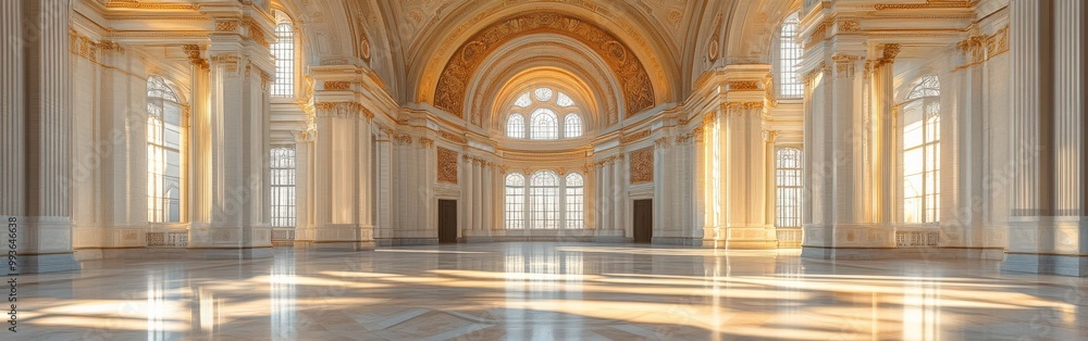 Obraz premium Spacious marble hall with towering columns, arched ceilings, and streaming sunlight