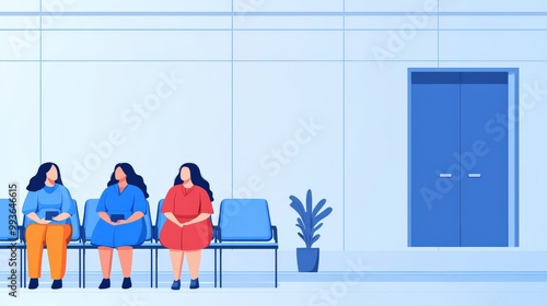 Three women in colorful attire sit on chairs in a minimalist, blue-toned waiting area beside a plant and an entrance door, Health and medical concept. photo