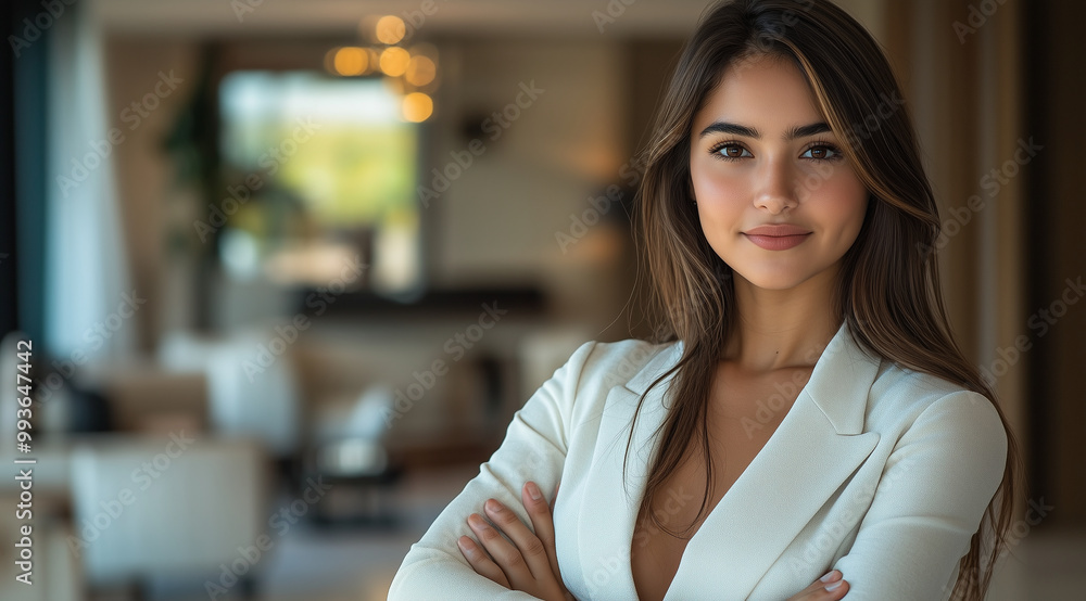 Portrait of a beautiful young Colombian woman, a real estate agent, standing with her arms crossed in a luxury home, looking at the camera and smiling. An elegantly dressed female Portrait of a beautiful young Colombian woman, a real estate agent, standing with her arms crossed in a luxury home, looking at the camera and smiling. An elegantly dressed female