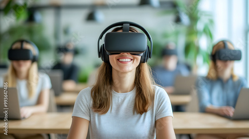 customer support center with agents using advanced VR headsets to assist customers.