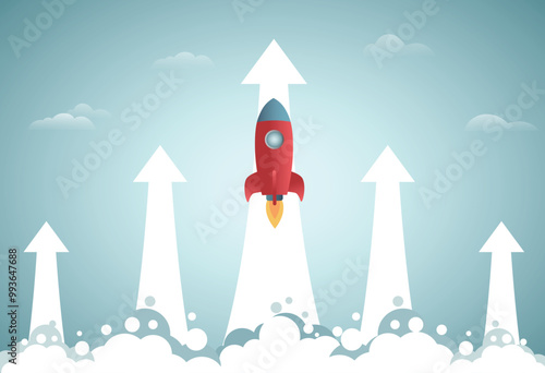 Business startup concept with rocket flight fly in the sky illustration.