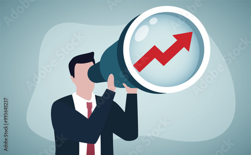 Financial forecast, vision for stock market investment return, make profit opportunity, discover economic recover, businessman financial professional look through binocular to see graph and chart.