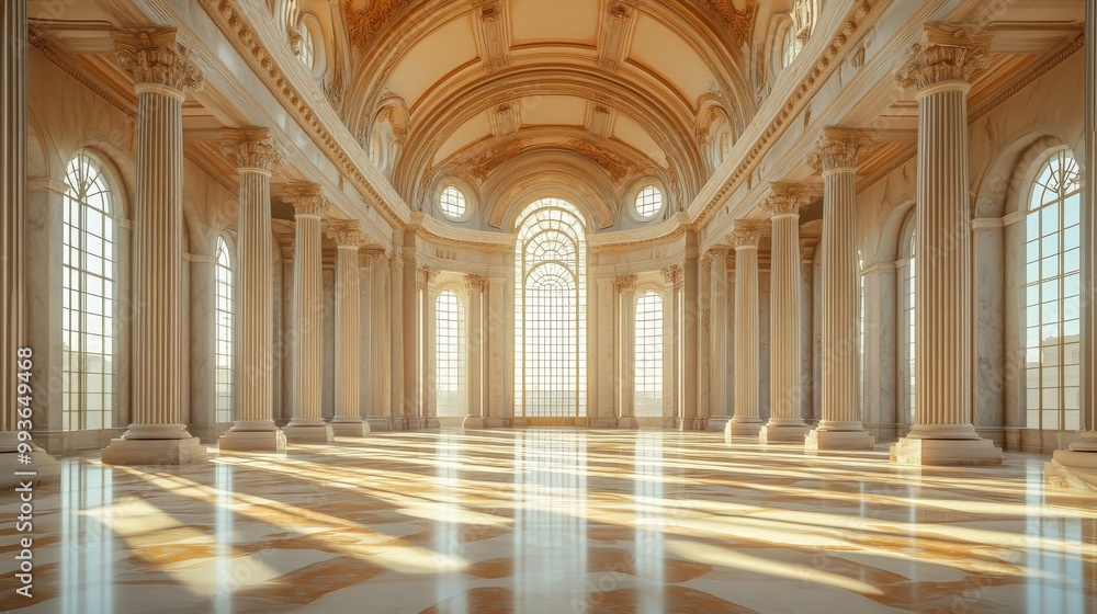 Spacious marble hall with towering columns, arched ceilings, and streaming sunlight