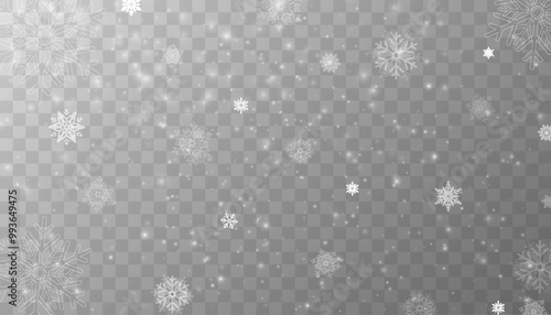 Tiny flying snow flakes illustration. Snowstorm dust freeze shapes. Snowfall sky white transparent wallpaper. Flat snowflakes january vector. Snow hurricane landscape.
