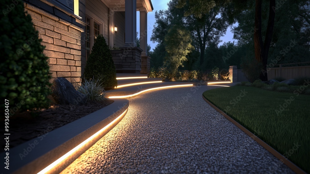 Sleek LED strip lighting enhances a modern patio and garden walkway at dusk, creating a minimalist atmosphere Sleek LED strip lighting enhances a modern patio and garden walkway at dusk, creating a minimalist atmosphere