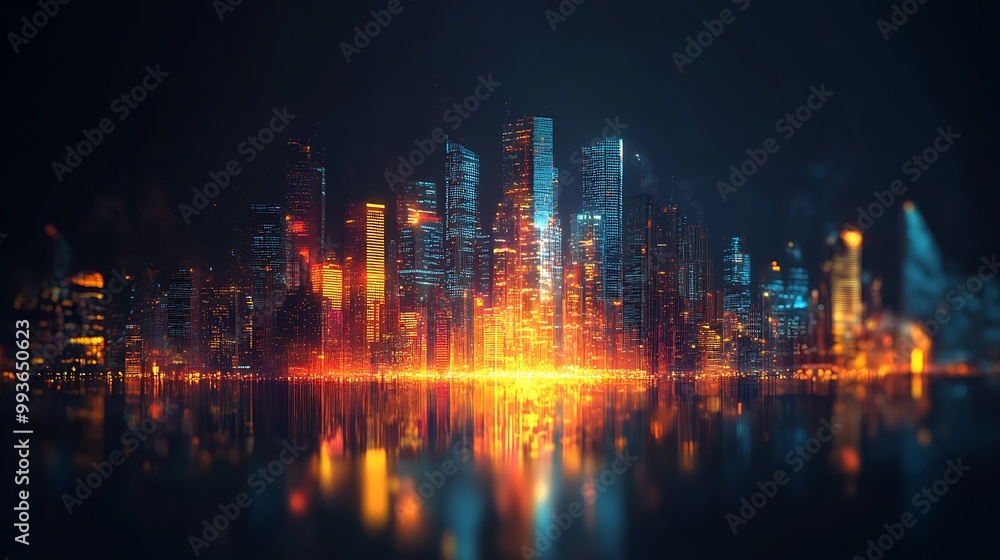 Fototapeta premium A vibrant city skyline at night with glowing lights reflected in the water.