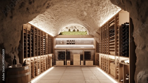 Sustainable wine cellar featuring recycled materials and eco-friendly design elements in a natural, serene environment