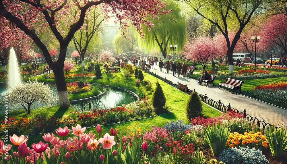 Vibrant Spring Day in a City Park with Blooming Flowers and Lush Green Trees. People Walk Along Pathways Enjoying the Sunshine, and a Small Pond Reflects the Beauty of Nature. AI-generated Vibrant Spring Day in a City Park with Blooming Flowers and Lush Green Trees. People Walk Along Pathways Enjoying the Sunshine, and a Small Pond Reflects the Beauty of Nature. AI-generated