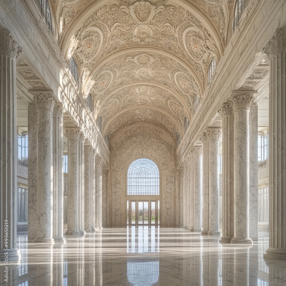 Fototapeta premium Spacious marble hall with towering columns, arched ceilings, and streaming sunlight